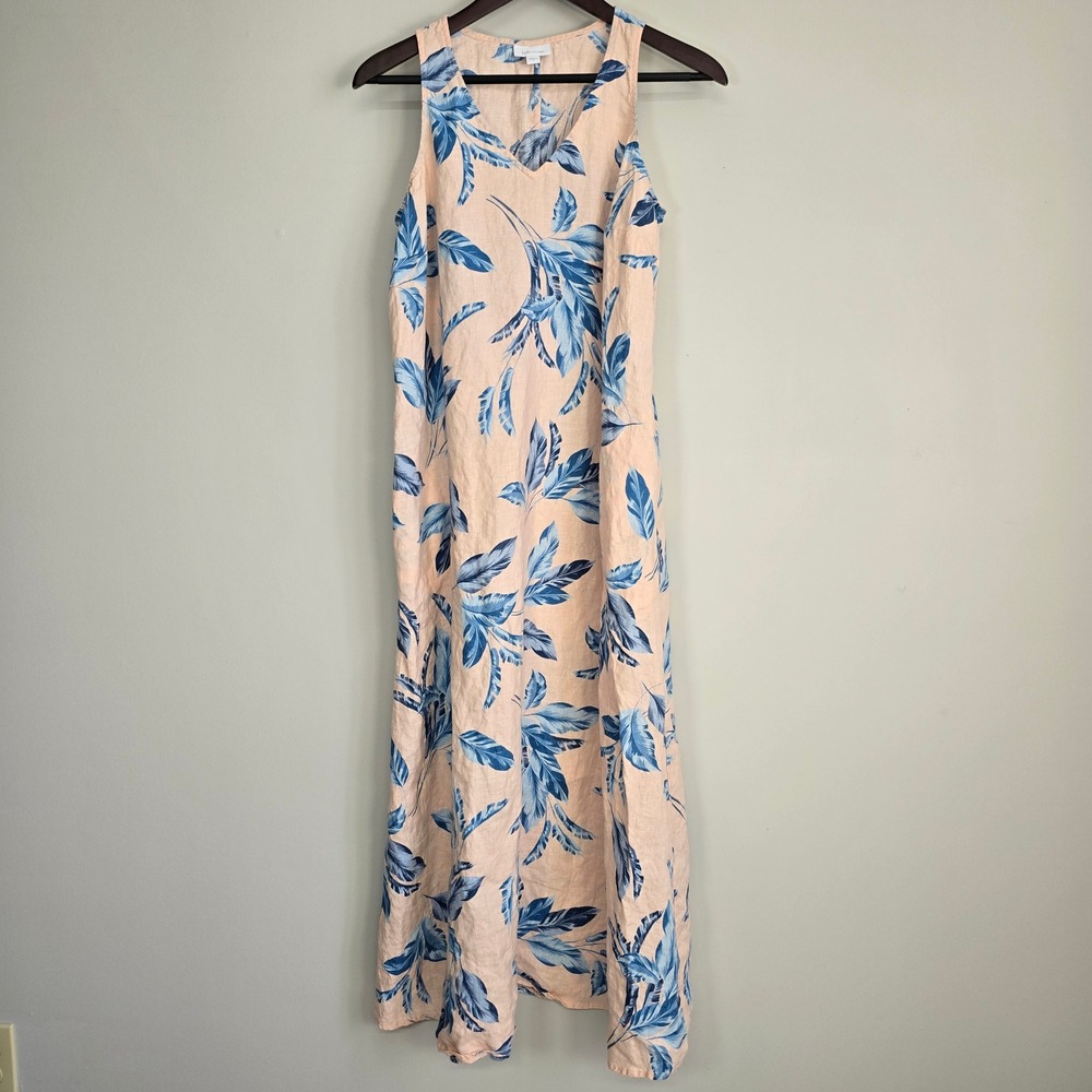 J. Jill Love Linen Dress Women Small Peach Blue Tropical Palm Maxi Boho Beach